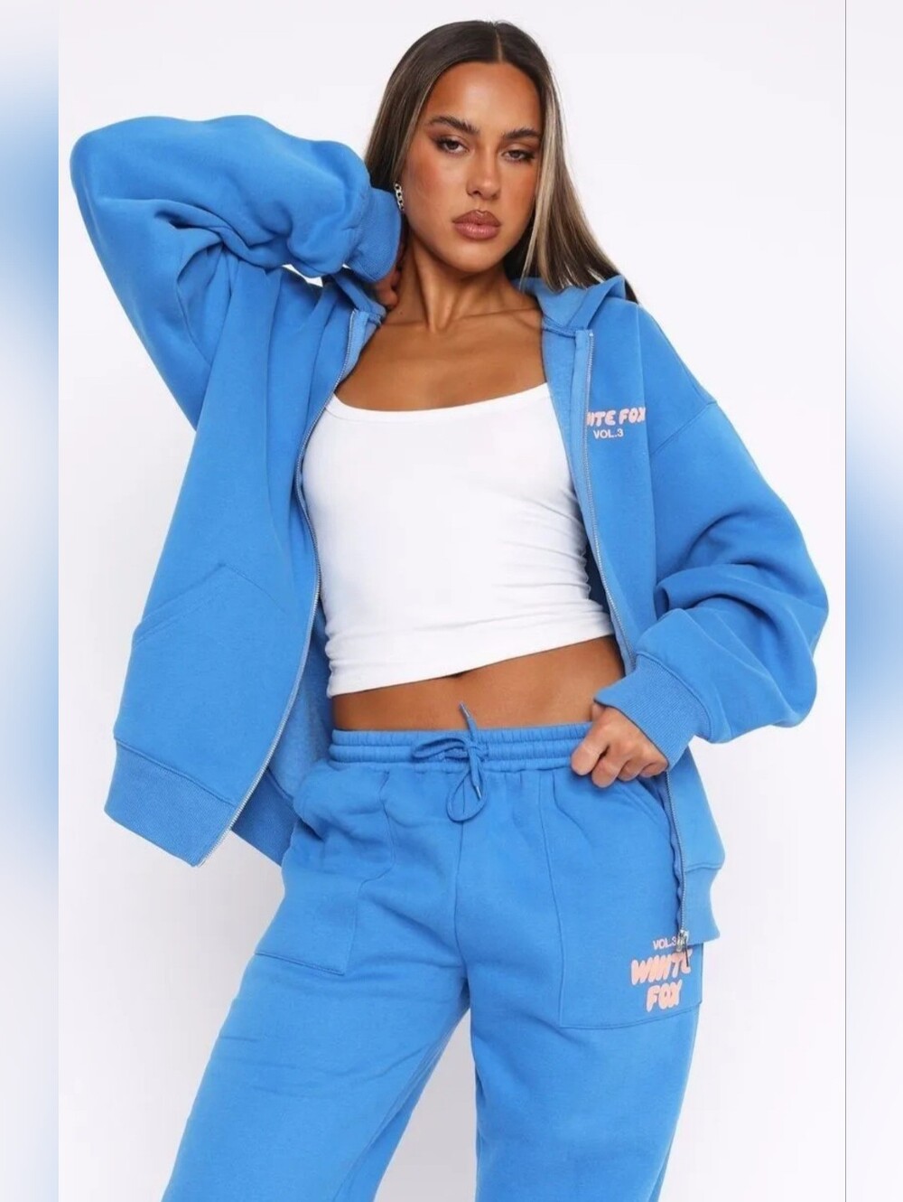White Fox Boutique Azure Offstage Puff Print Oversized Zip Up Hoodie Size L/Xl